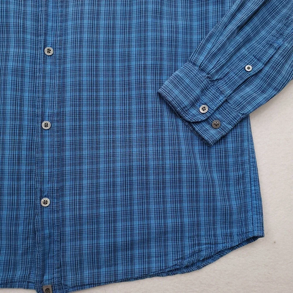 North Face Shirt Mens Medium Blue Black Plaid Long Sleeve Button Up Pocket
